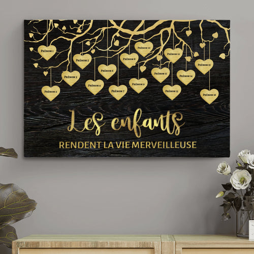 Toile personnalisée petits-enfants grands-parents avec prénoms, impression couleurs vives et cadre bois – Motiv 2