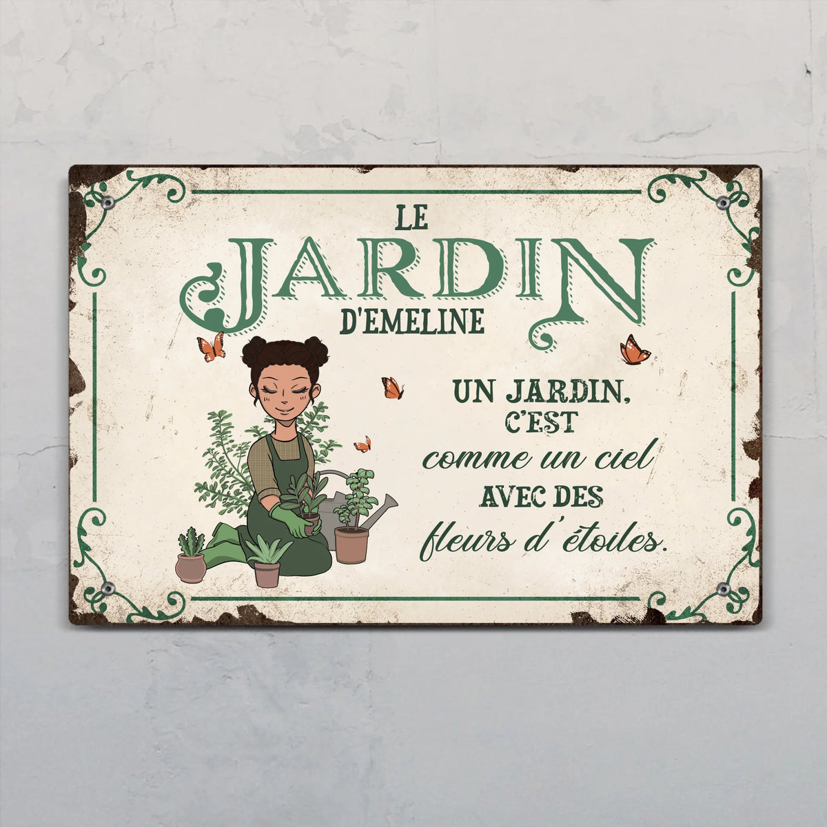 Pancarte de porte personnalisée jeune jardinière en Alu-Dibond, design floral extérieur avec prénoms customisables