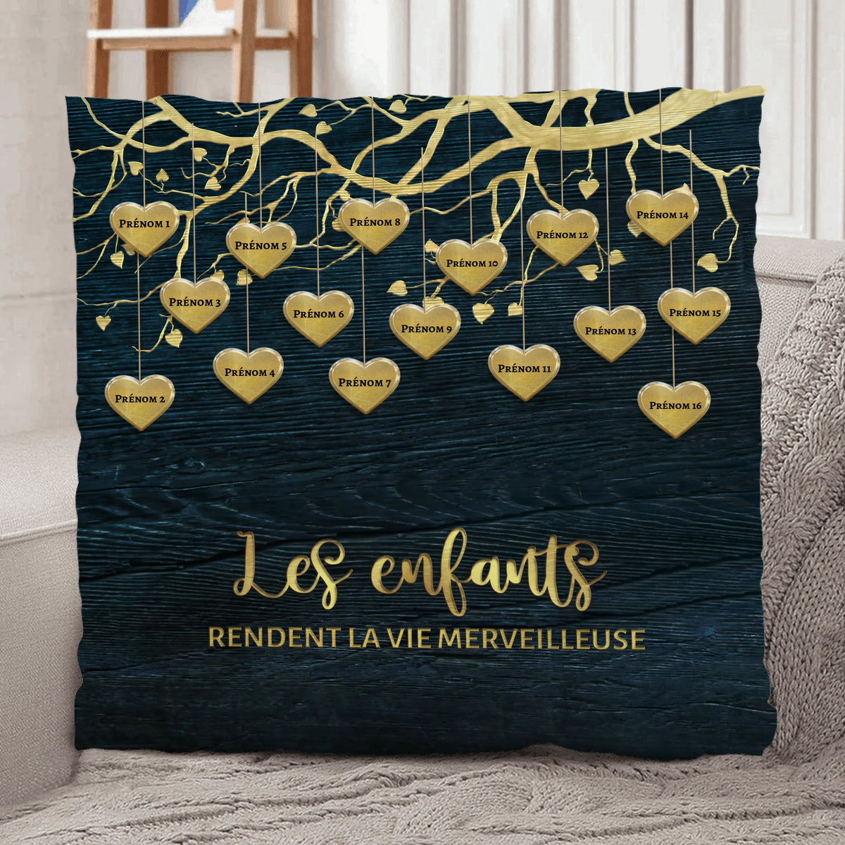 Coussin personnalisé grands-parents Les petits-enfants d'or avec prénoms, peluche premium douce et moelleuse