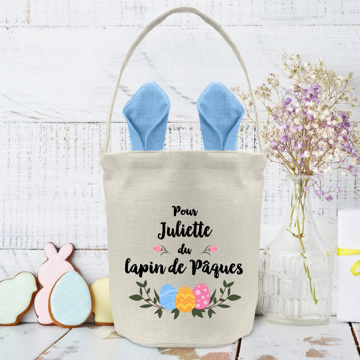 Sac de Pâques personnalisé en forme de lapin avec anse de transport, design décoratif pour enfants