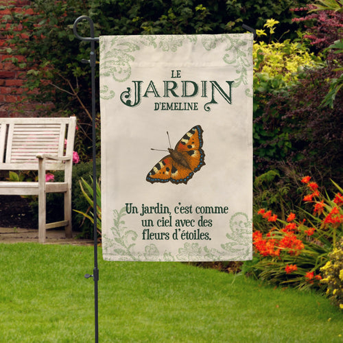 Drapeau de jardin personnalisé avec nom et design custom, en lin de qualité - Joie dans le jardin