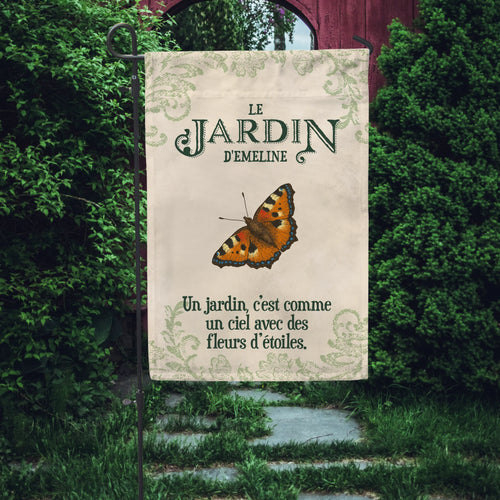 Drapeau de jardin personnalisé avec nom et design custom, en lin de qualité - Joie dans le jardin – Motiv 2
