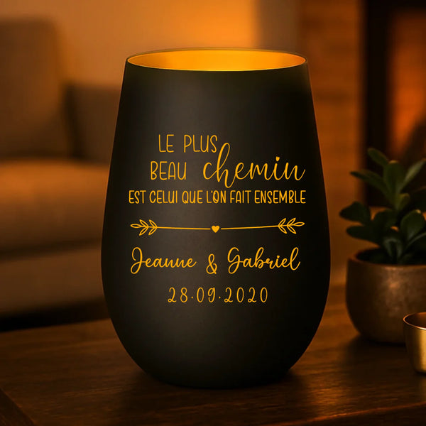 Cadeau personnalisé : photophore noir et or avec gravure de prénoms - fabriqué par Love & Faith