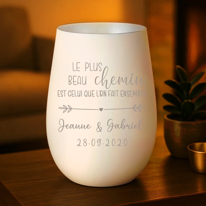 Cadeau personnalisé : photophore blanc et argent avec gravure de prénoms - fabriqué par Love & Faith