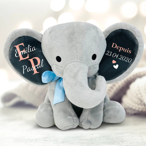 Peluche éléphant gris personnalisée pour couples avec initiales brodées, hauteur 24 cm, tissu premium doux
