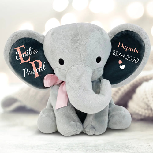 Peluche éléphant gris personnalisée pour couples avec initiales brodées, hauteur 24 cm, tissu premium doux – Motiv 2