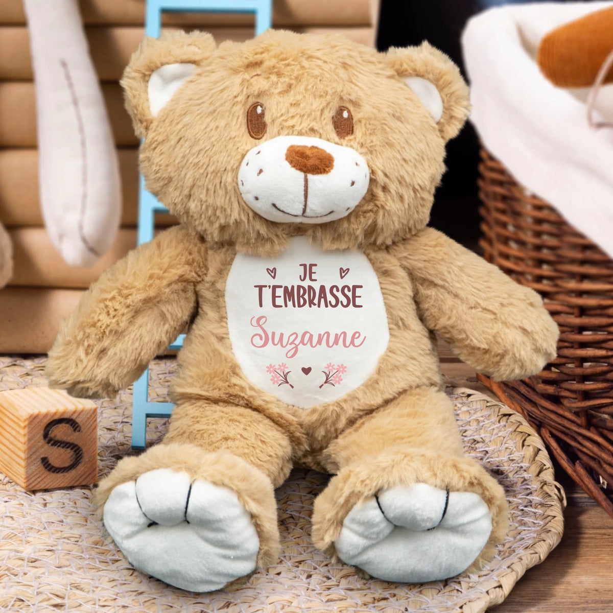 Ours en peluche personnalisé 35 cm, tissu premium doux, avec prénom personnalisé pour cadeau de bon rétablissement