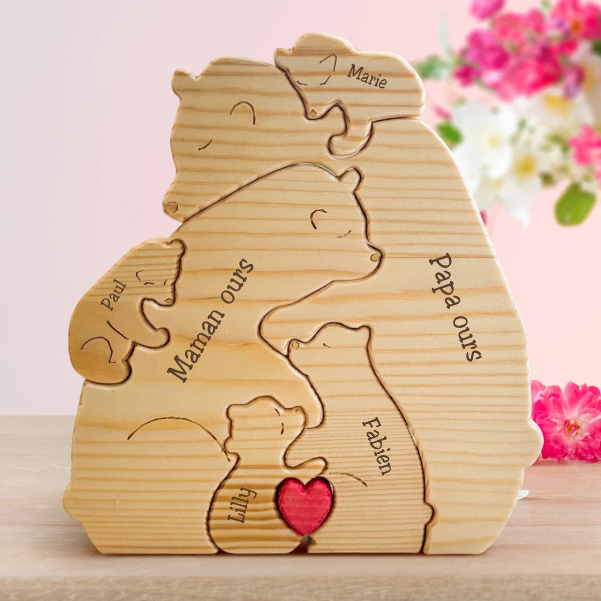 Famille d'ours en bois personnalisés avec prénoms gravés, décoration pour famille et couple