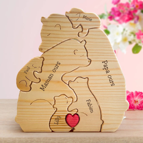 Famille d'ours en bois personnalisés avec prénoms gravés, décoration pour famille et couple