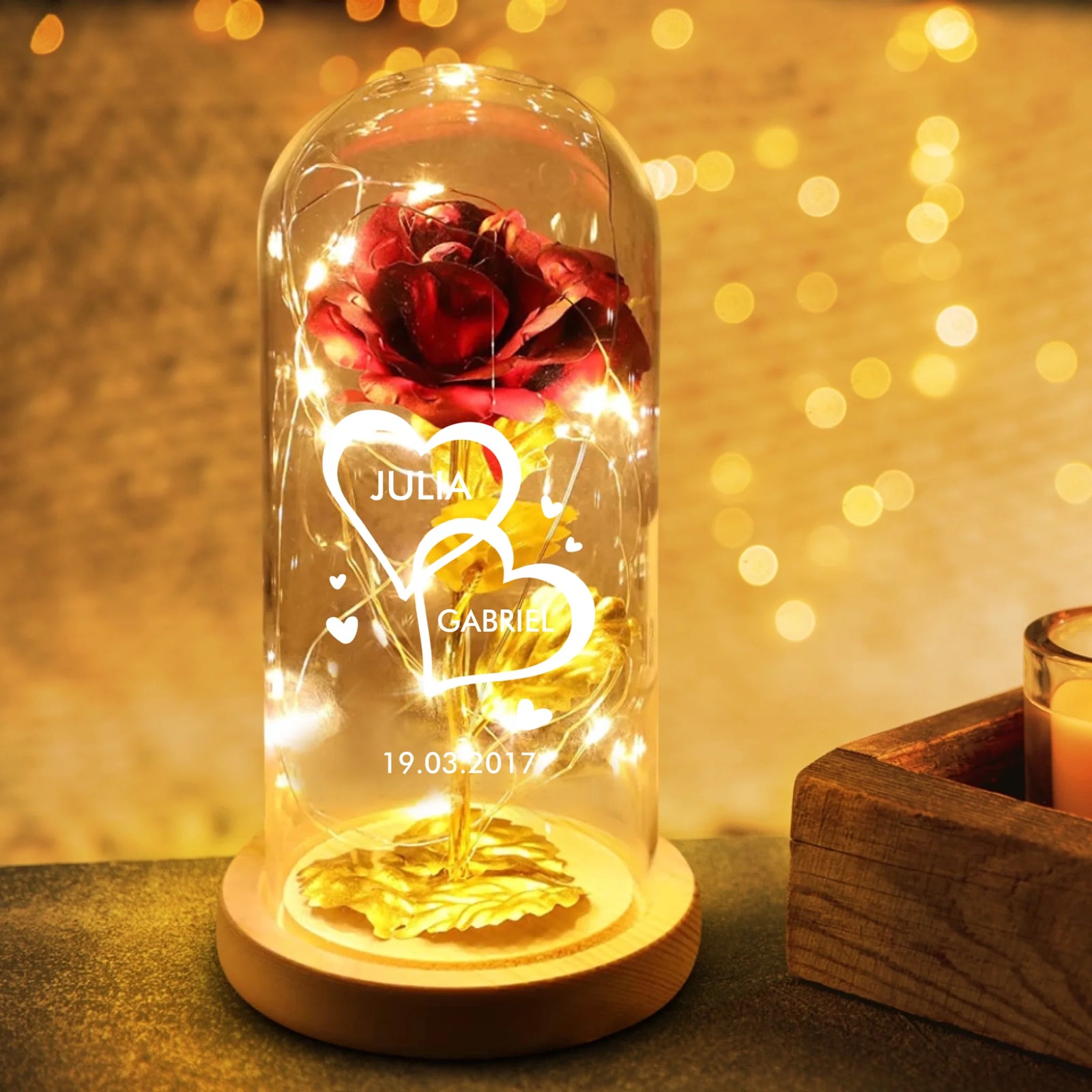 Rose Dorée Enchantée Dans Un Dôme En Verre Avec Guirlande Lumineuse Pour Sa Petite-amie, épouse, Fête Des Mères, Saint-Valentin, Anniversaire De Mariage