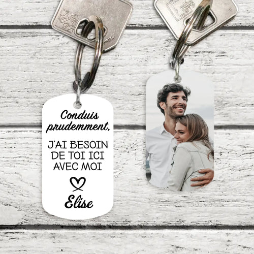 Porte-clés couple personnalisé Conduis prudemment en acier inoxydable brossé avec gravure recto verso