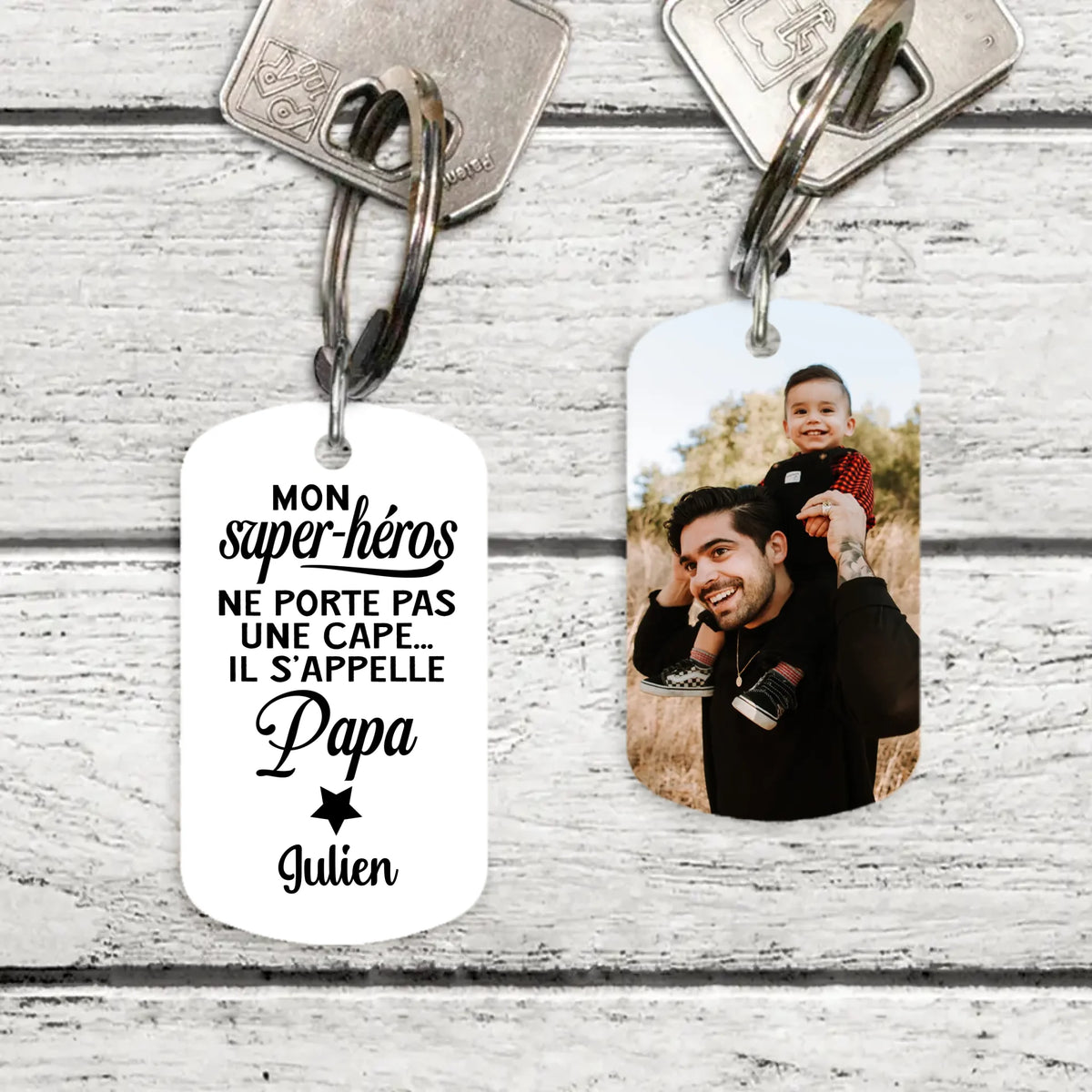 Porte-clés métal personnalisé Mon Super-héros Parents, acier inoxydable brossé avec impression recto verso