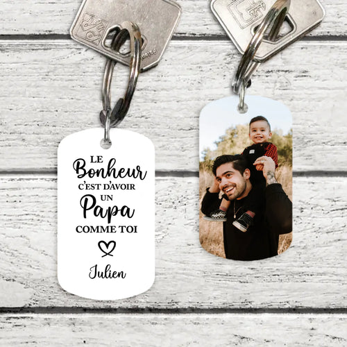 Porte-clés métal personnalisé Le Bonheur avec photo et prénoms pour maman, acier inoxydable brossé