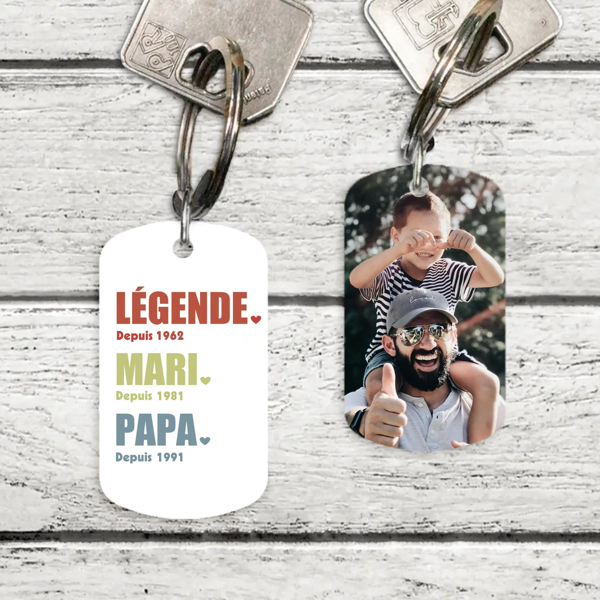 Porte-clés personnalisé métal papa mari papy, impression recto verso, acier inoxydable brossé