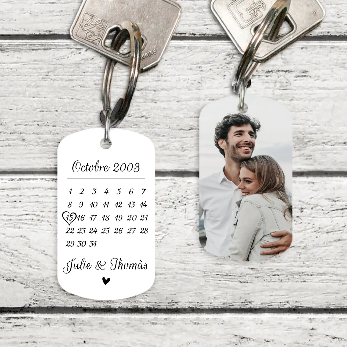 Porte-clés métal personnalisé couple avec photo et date d'anniversaire, acier inoxydable brossé, impression recto verso