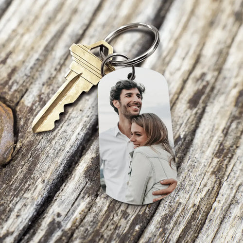 Porte-clés métal personnalisé couple avec photo et date d'anniversaire, acier inoxydable brossé, impression recto – Motiv 2
