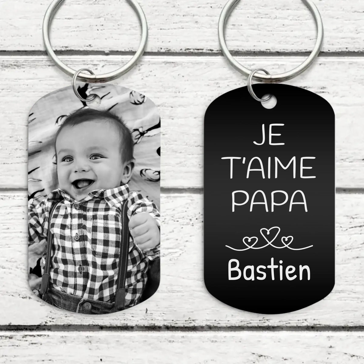 Porte-clés gravé Papa personnalisé en métal noir avec gravure blanche, design parents
