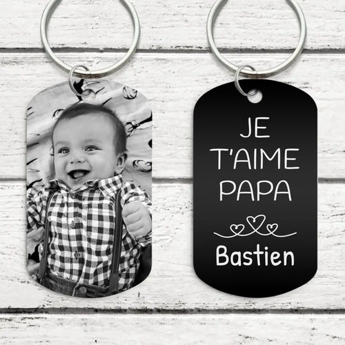 Porte-clés gravé Papa personnalisé en métal noir avec gravure blanche, design parents