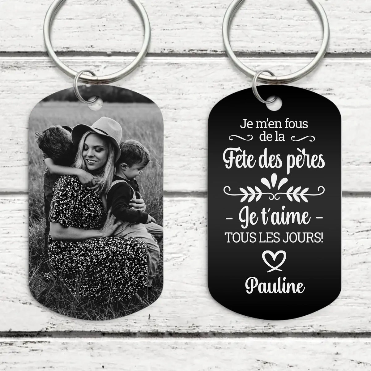 Porte-clés metal gravé personnalisé noir blanc Fête des pères La Fête des pères