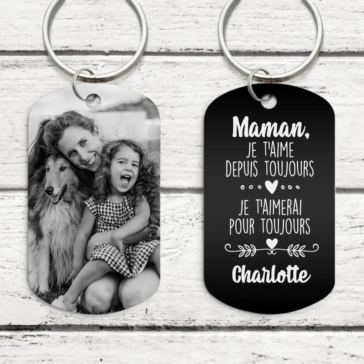 Porte-clés métal gravé parents Toujours, design noir et blanc personnalisé avec prénoms