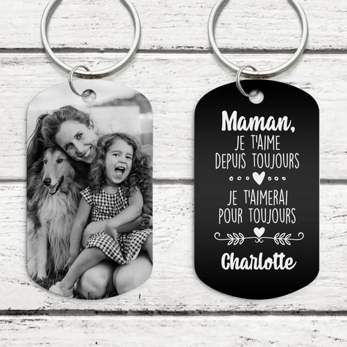 Porte-clés métal gravé parents Toujours, design noir et blanc personnalisé avec prénoms