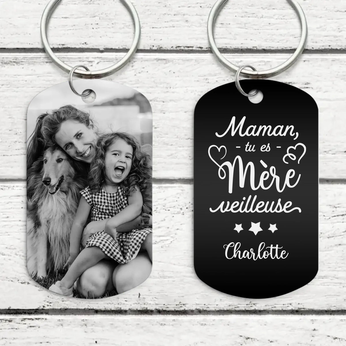 Porte-clés métal gravé personnalisé Parents Merveilleuse, gravure recto-verso noir et blanc