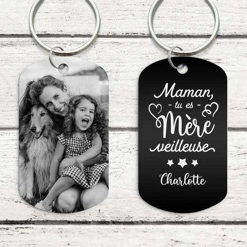 Porte-clés métal gravé personnalisé Parents Merveilleuse, gravure recto-verso noir et blanc