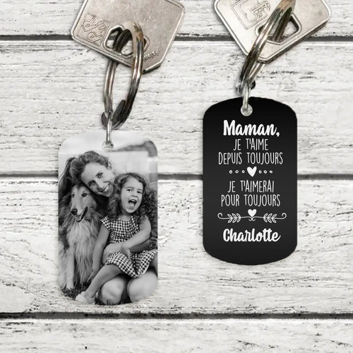 Porte-clés métal gravé parents Toujours, design noir et blanc personnalisé avec prénoms – Motiv 2