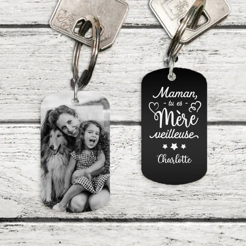 Porte-clés métal gravé personnalisé Parents Merveilleuse, gravure recto-verso noir et blanc – Motif 2