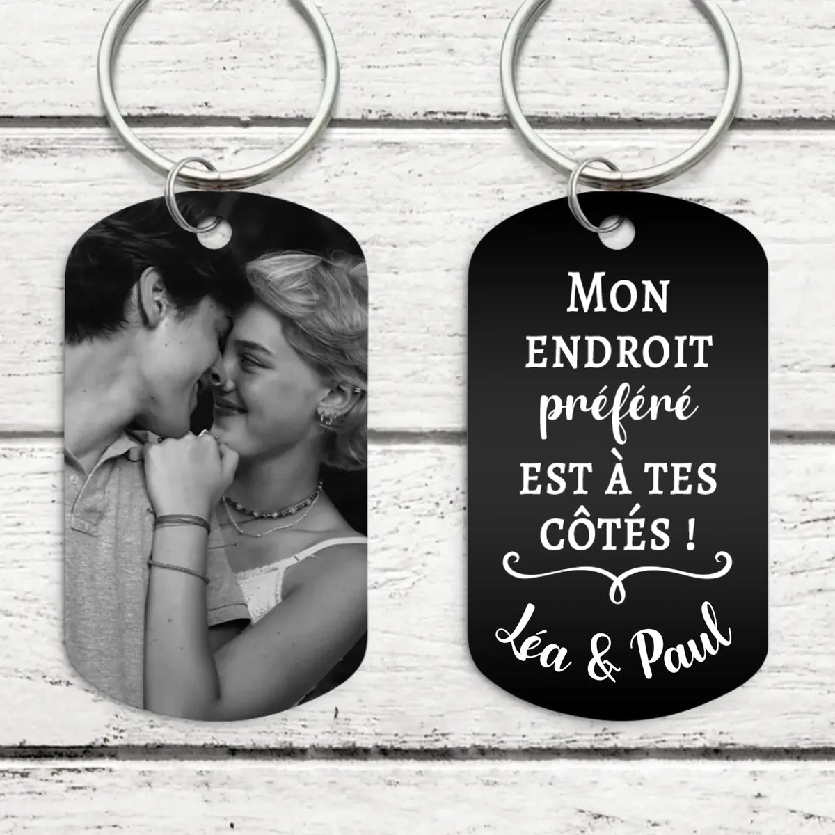 Porte-clés couple gravé métal noir et blanc, gravure personnalisée des deux côtés, alliage d'aluminium noirci