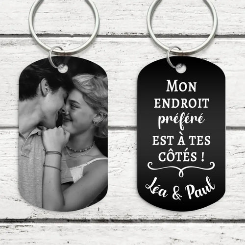 Porte-clés couple gravé métal noir et blanc, gravure personnalisée des deux côtés, alliage d'aluminium noirci