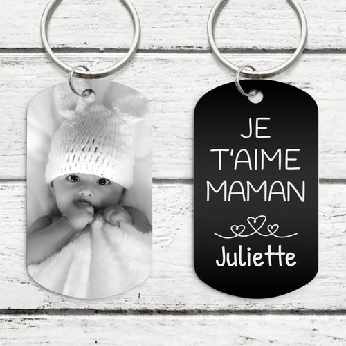 Porte-clés gravé personnalisé Ma Maman en alliage d'aluminium noirci avec gravure deux côtés