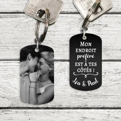 Porte-clés couple gravé métal noir et blanc, gravure personnalisée des deux côtés, alliage d'aluminium noirci – Motiv 2