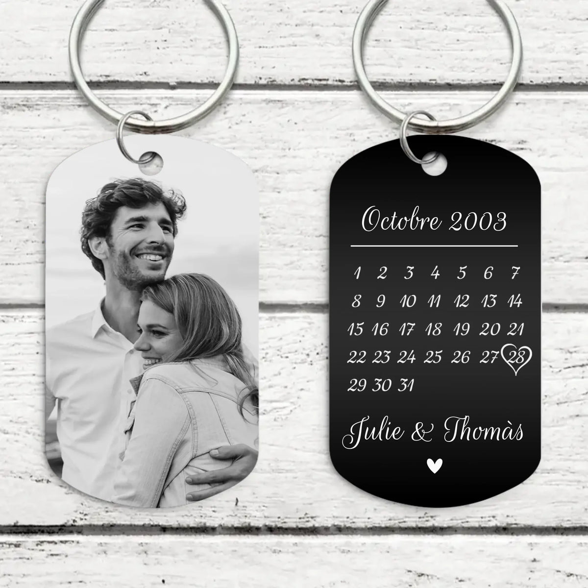 Porte-clés gravé métal couple photo anniversaire personnalisé noir blanc gravure laser