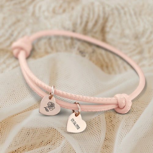 Bracelet amis-cœur en cuir avec pendentifs gravés personnalisés, design Fleur de Naissance – Motiv 2