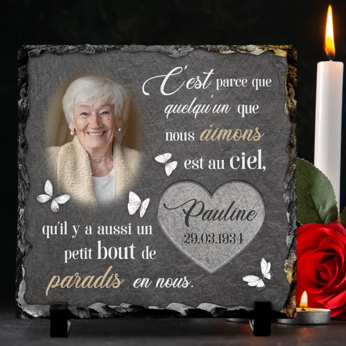 Plaque ardoise personnalisée Familles Un bout de paradis, texture mate naturelle avec prénoms gravés