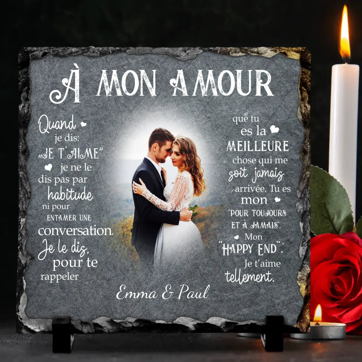 Plaque ardoise personnalisée couple Mon Happy End avec prénoms gravés, design élégant