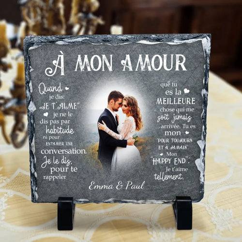 Plaque ardoise personnalisée couple Mon Happy End avec prénoms gravés, design élégant – Motiv 2