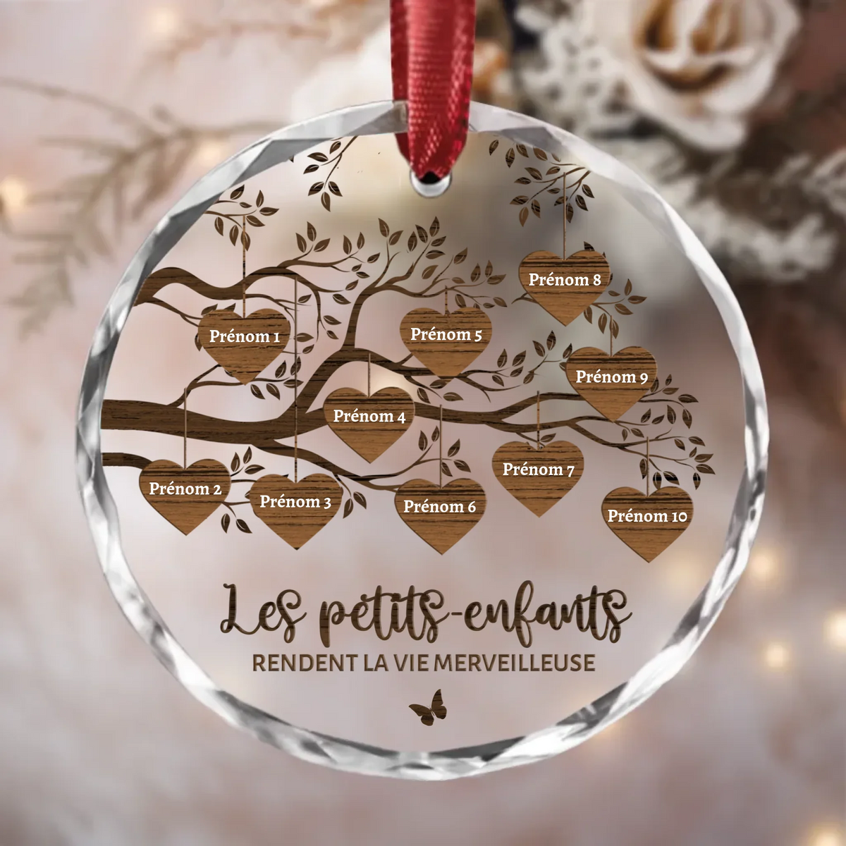 Ornament cristal personnalisé petits-enfants, verre transparent avec prénoms, ruban de suspension