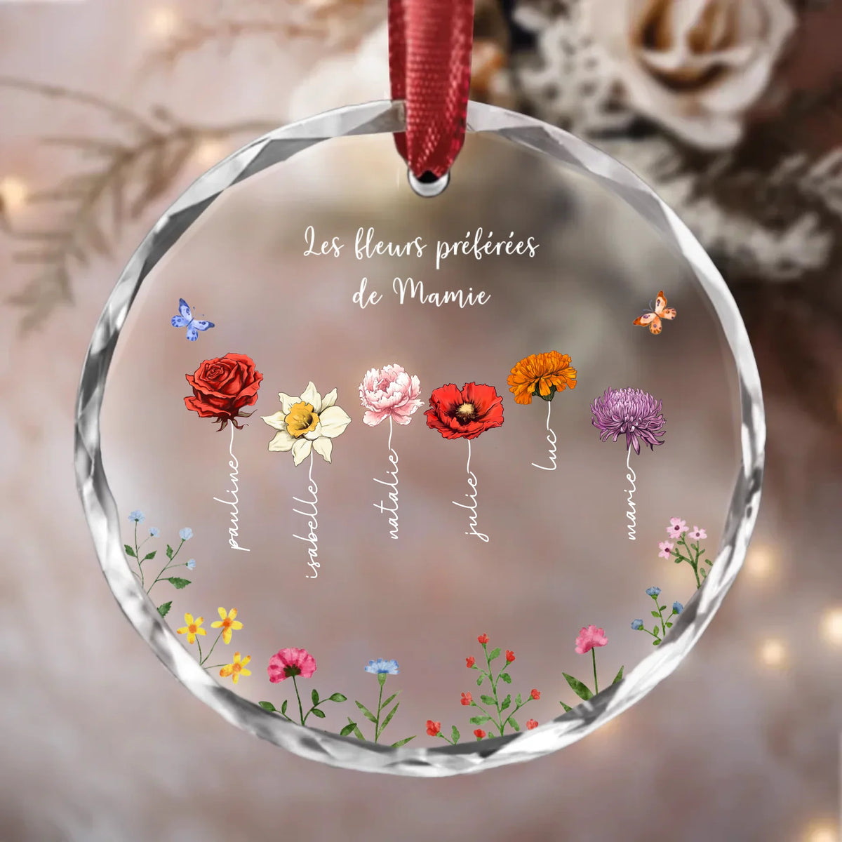 Ornement cristal personnalisé Fleurs préférées avec prénoms gravés, verre clair noble, ruban de suspension
