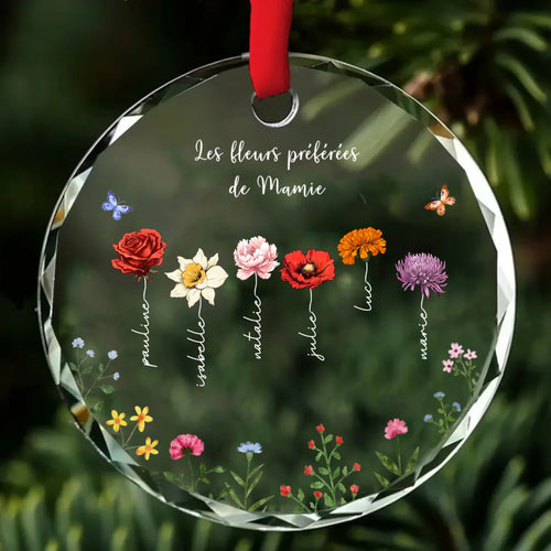 Ornement cristal personnalisé Fleurs préférées avec prénoms gravés, verre clair noble, ruban de suspension – Motiv 2