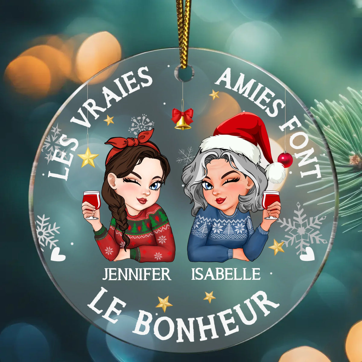Décoration de Noël transparente personnalisable acrylique avec prénoms et illustrations, ruban inclus