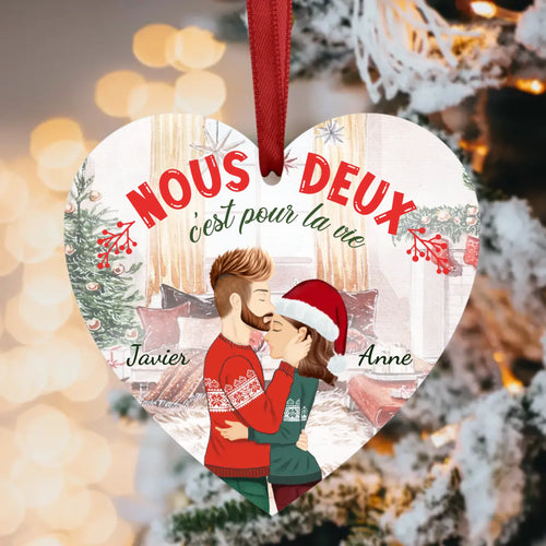 Décoration sapin couple personnalisée en bois avec prénoms gravés, design Amour de Noël – Motiv 2