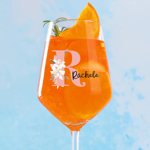 Verre à vin personnalisé Fleur avec gravure initiale et nom, 450 ml, impression durable