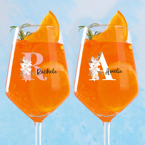 Verre à vin personnalisé Fleur avec gravure initiale et nom, 450 ml, impression durable – Motiv 2