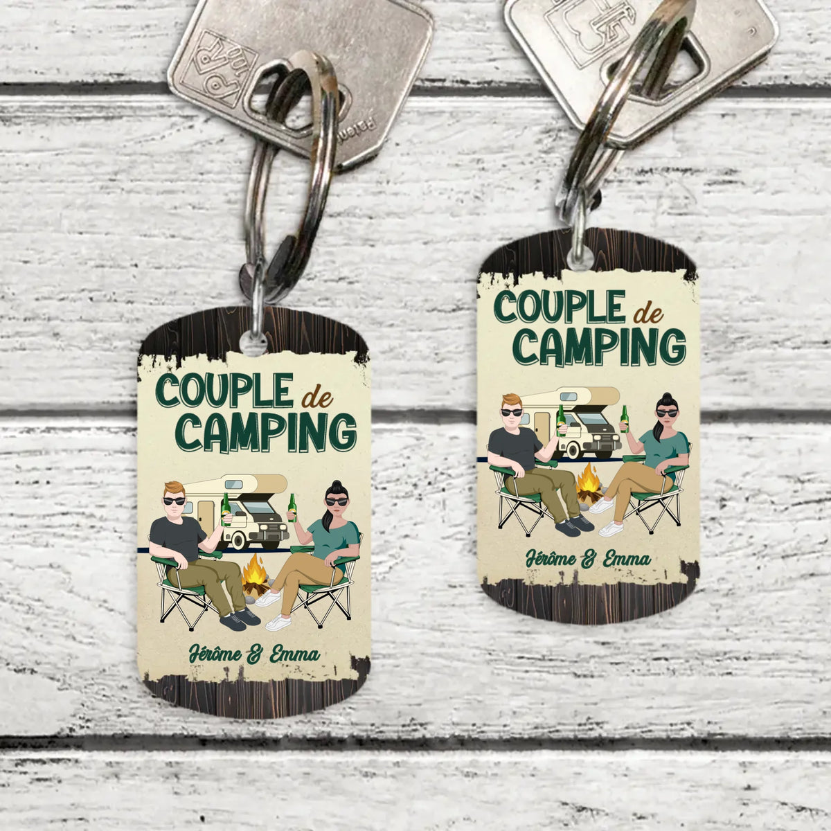 Porte-clés couple camping en acier inoxydable brossé avec impression recto verso personnalisée