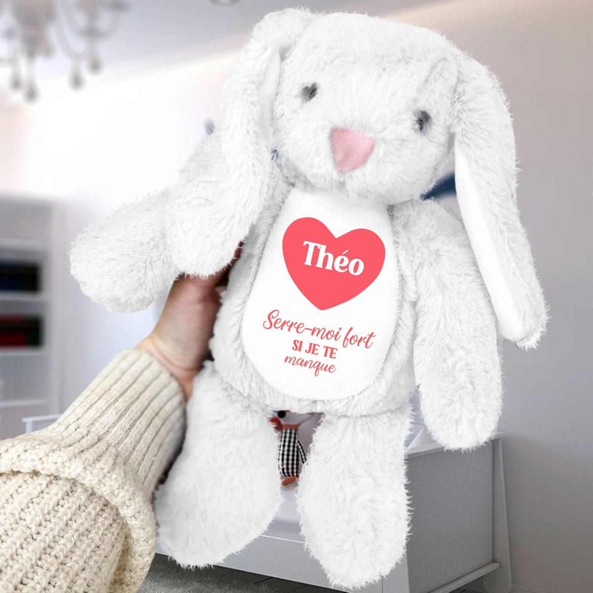 Lapin peluche personnalisé enfants Serre-moi, tissu doux et moelleux, hauteur 34 cm, customizable