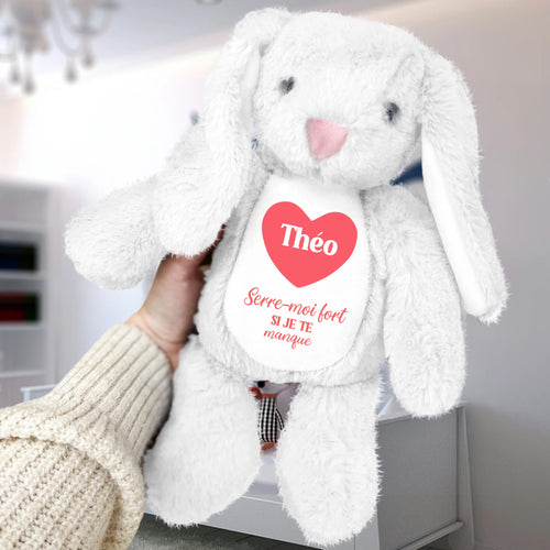 Lapin peluche personnalisé enfants Serre-moi, tissu doux et moelleux, hauteur 34 cm, customizable