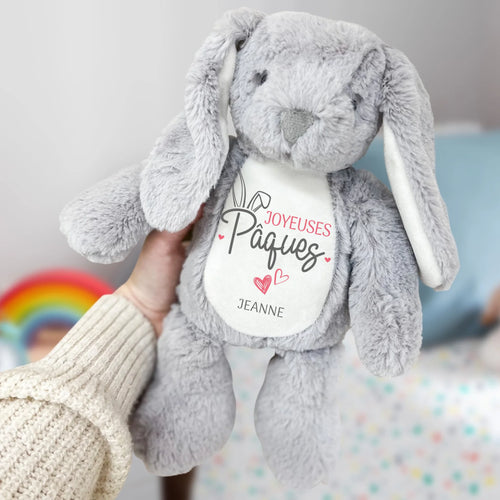 Lapin en peluche personnalisé Joyeuses Pâques, 34 cm, tissu doux premium, personnalisable avec prénom – Motiv 2
