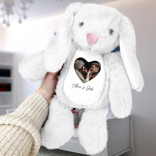Lapin en peluche personnalisé avec photo et noms de couple, tissu premium doux, 34 cm de hauteur